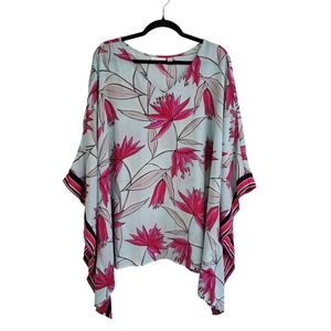 Belle Kim Gravel Poncho Top Blue Pink 3X Floral Flowy Vacation Resort Beach Chic